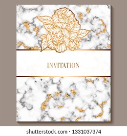 Luxury and elegant wedding invitation cards with marble texture and gold glitter background. Modern wedding invitation decorated with peony flowers.