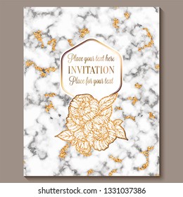 Luxury and elegant wedding invitation cards with marble texture and gold glitter background. Modern wedding invitation decorated with peony flowers.