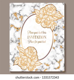 Luxury and elegant wedding invitation cards with marble texture and gold glitter background. Modern wedding invitation decorated with peony flowers.