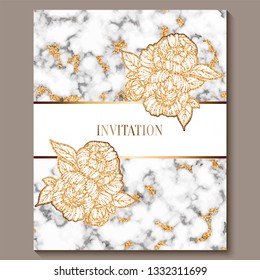 Luxury and elegant wedding invitation cards with marble texture and gold glitter background. Modern wedding invitation decorated with peony flowers.