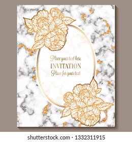 Luxury and elegant wedding invitation cards with marble texture and gold glitter background. Modern wedding invitation decorated with peony flowers.