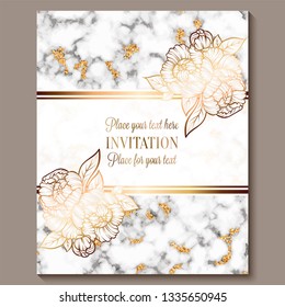 Luxury and elegant wedding invitation cards with marble texture and gold glitter background. Modern wedding invitation decorated with peony flowers.