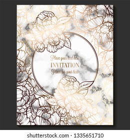 Luxury and elegant wedding invitation cards with marble texture and gold geometric template for text. Modern wedding invitation decorated with peony flower pattern.