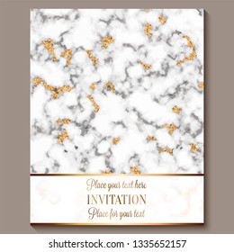 Luxury and elegant wedding invitation cards with marble texture and gold glitter background. Modern wedding invitation.