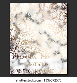 Luxury and elegant wedding invitation cards with marble texture and gold geometric template for text. Modern wedding invitation decorated with peony flower pattern.