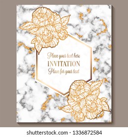 Luxury and elegant wedding invitation cards with marble texture and gold glitter background. Modern wedding invitation decorated with peony flowers.