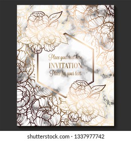 Luxury and elegant wedding invitation cards with marble texture and gold geometric template for text. Modern wedding invitation decorated with peony flower pattern.