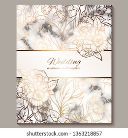 Luxury and elegant wedding invitation cards with marble texture and gold glitter background. Modern wedding invitation decorated with peony flowers.