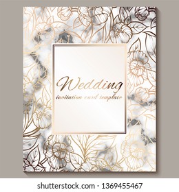 Luxury and elegant wedding invitation cards with marble texture and gold glitter background. Modern wedding invitation decorated with peony flowers.
