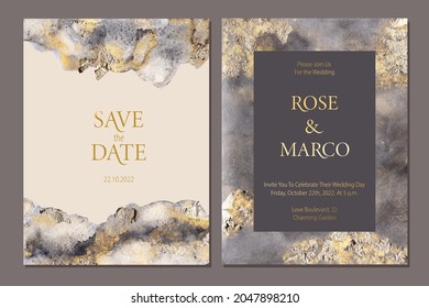 Luxury elegant wedding invitation cards with gold and grey  marble watercolor texture. Save the date.