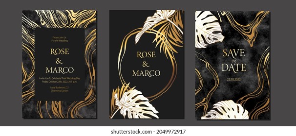 Luxury elegant wedding invitation cards with gold and grey  marble watercolor texture. Line art monstera and palm leaves. Botanical  Save the date cards.