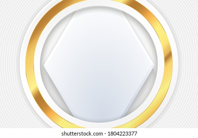 Luxuriöser, eleganter weißer Hintergrund mit goldenem Dekor. Abstraktes futuristisches geometrisches Konzept. Moderner abstrakter, hellsilberner Hintergrund, Vektorgrafik. Elegantes geometrisches Design mit goldenen Linien.