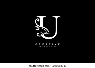 luxury elegant white letter U logo design with floral and leaf ornaments. initial U logo. monogram typography letter U. Feather logo flourish. logo boutique, hotel, restaurant. business, company, etc