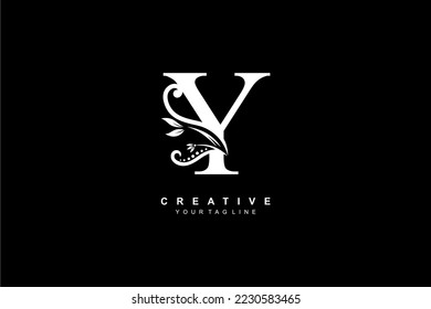 luxury elegant white letter Y logo design with floral and leaf ornaments. initial Y logo. monogram typography letter Y. Feather logo flourish. logo boutique, hotel, restaurant. business, company, etc