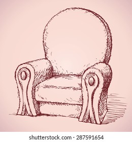 Luxury elite old-fashioned soft arm chair with high backrest and armrests decorated. Vector monochrome freehand ink drawn backdrop sketch in art antique scrawl style pen on paper with space for text