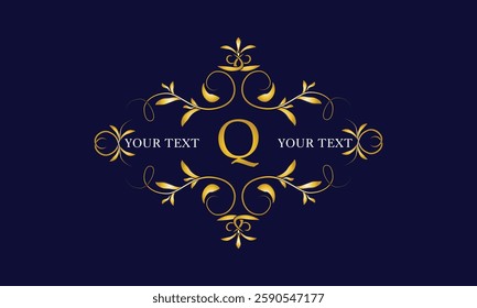 Luxury emblem, monogram, logo with initial letter Q. Vintage gold alphabet frame illustration. Invitations, weddings, labels, restaurants, hotels, heraldic designs, jewelry