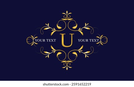 Luxury emblem, monogram, logo with initial letter U. Vintage gold alphabet frame illustration. Invitations, weddings, labels, restaurants, hotels, heraldic designs, jewelry