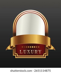 Design de selo de emblema de luxo Premium Gold Shield Ornate Ribbons Exclusive Product Badge.