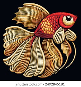 Luxury embroidery 3d veil tail fish.  Beautiful textured embroidered gold and red colors isolated veiltail fish on black background. Ornate vector goldfish illustration. Surface grunge 3d texture.