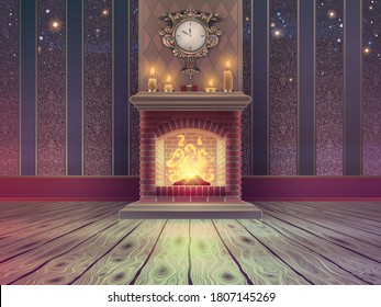 Luxury Empty Christmas Room Template With Brick Fireplace And Fire Flames, Wooden Floor, Vintage Classic Wallpaper Pattern, Bright Candles And Golden Clock On A Wall In Vector.