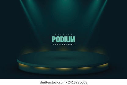 Luxury empty podium dark green background with light neon effects decoration vector illustration.