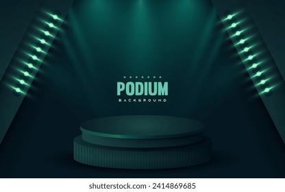 Luxury empty podium dark green background with light neon effects decoration vector illustration.