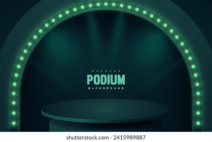 Luxury empty podium dark green background with light neon effects decoration vector illustration.