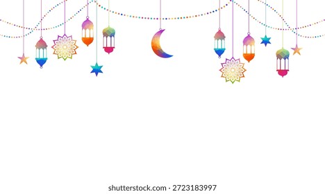 Lujo Vacío Ramadán Kareem Fondo islámico con adornos colgantes y linterna. Traducción: "Mes de ayuno musulmán y día de celebración después del ayuno"
