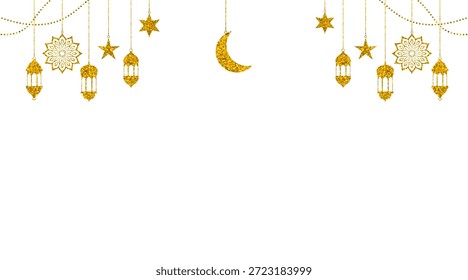 Luxus leere Ramadan Kareem islamischen Hintergrund mit hängenden Ornamenten und Laterne. Übersetzung: "Moslemischer Fastenmonat und Feiertag nach dem Fasten"