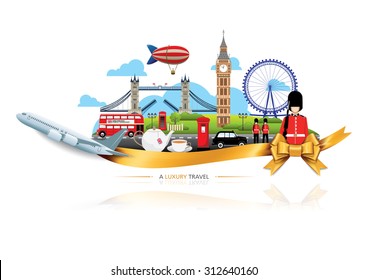 A Luxury England travel, Vector travel destinations icon set, Ribbon, airplane, gold ribbon, graphic elements for traveling to England.