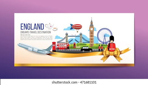 A Luxury England travel, Vector travel destinations icon set, Ribbon, airplane, gold ribbon, graphic elements for traveling to England. Modern flat design. EPS 10. Colorful.