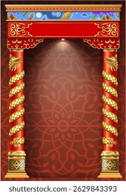 Luxury Entrance Golden Oriental Japanese Arch. The Eastern red chinese arch. Carved architecture and classic columns. Chinese style. Decorative architectural frame in vector graphics.