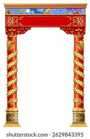 Luxury Entrance Golden Oriental Japanese Arch. The Eastern red chinese arch. Carved architecture and classic columns. Chinese style. Decorative architectural frame in vector graphics.