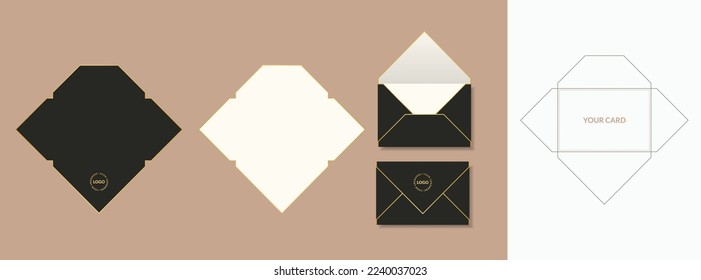 Luxury Envelope die cut and mock up template, Vector illustration. Envelopes mockup front and back view.