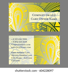 Luxury EPS10 vector business card template with folk embroidery style background, fancy blue and yellow doodles pattern for flyer, poster, leaflet, greeting card etc. with copy space 