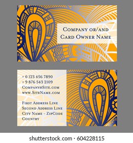 Luxury EPS10 vector business card template with folk embroidery style background, fancy blue and orange doodles pattern for flyer, poster, leaflet, greeting card etc. with copy space 