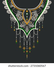 Luxuriöser ethnischer Kleidungsstücksvektor mit ornamentalem Ausschnitt, hängenden Perlendetails und floralen Motiven in Grün-, Gold- und Elfenbeintönen. Perfekt für Stoffdruck, traditionelle Mode, Couture Bekleidung und Textilherstellung.