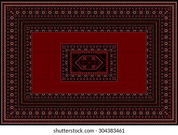 Luxury ethnic pattern for the carpet with red and burgundy details on a black background
