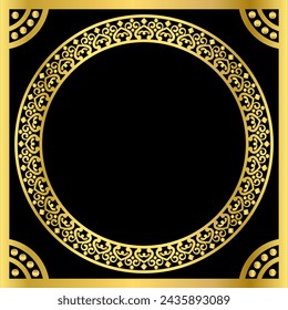 	
Luxury ethnic round ornament in golden color on a black background with a golden frame. Decorative element. Hand-drawn.Vector illustration.