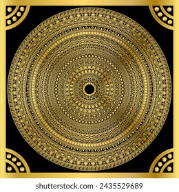 Luxury ethnic round ornament in mandala style in gold color on a black background with a golden frame.  Ethnic art design for the cover,  card template, flyer, print. Vector illustration.