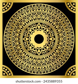 Luxury ethnic round ornament in mandala style in gold color on a black background with a golden frame. Ethnic art design for the cover, card template, flyer, print. Vector illustration.