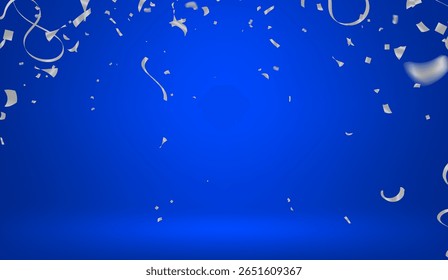 Fondo de evento de lujo Confeti de plata brillante y cintas de rizo en un escenario azul vibrante o estudio versátil para Corporativas galas fiestas de lujo o invitaciones digitales