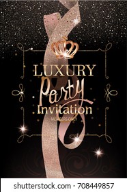 Luxury event card with curly  ribbon and sparkling frame. Vector illustration