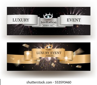 Luxury Event Invitation Card With Gold And Silver Ribbons. Vector Illustration