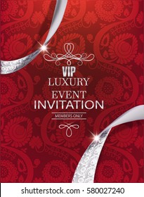 Luxury event invitation card with silver ribbons and red floral background. Vector illustration