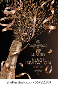 Luxury event invitation card with sparkling bottle of shampagne and gold textured curly ribbons. Vector illustration