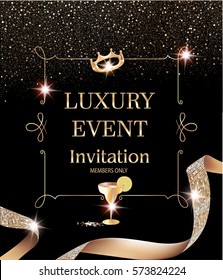 Luxury event invitation card with vintage frame and gold textured curly ribbon. Vector illustration