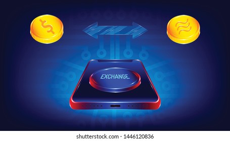 luxury exchange button on smartphone for transfer between dollar and libra coin money currency. electronic circuit print background style. vector illustration eps10