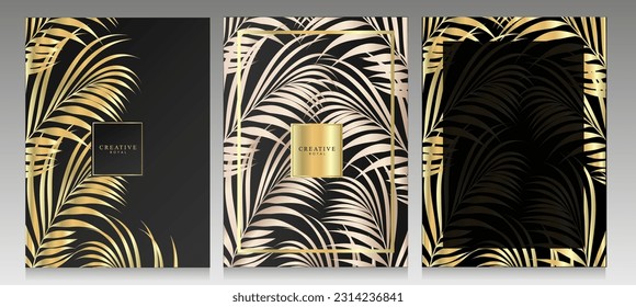 Luxury exotic cover set.  Palm leaves, tropical foliage pattern. Collection of elegant brochures, invitations, menu, posters. Black, gold and pink vector illustration.