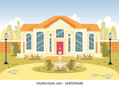 Luxury Expansive Suburb House Exterior with Columns. Suburban Architectural Building with Lawn on Yard. Fountain, Lanterns. High-Class Real Estate Property Dwelling. Vector Illustration